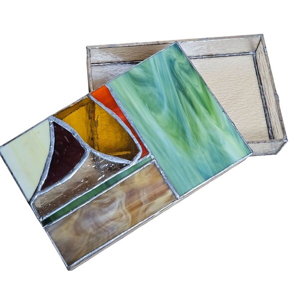 Vtg Stained Glass Trinket Box With Artistic Multicolor Lid & Clear Textured Base - Picture 1 of 4